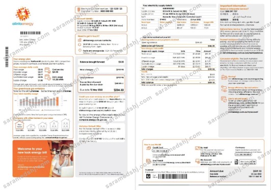 Australia Alinta Energy electricity utility bill template in Word and PDF format, 2 pages